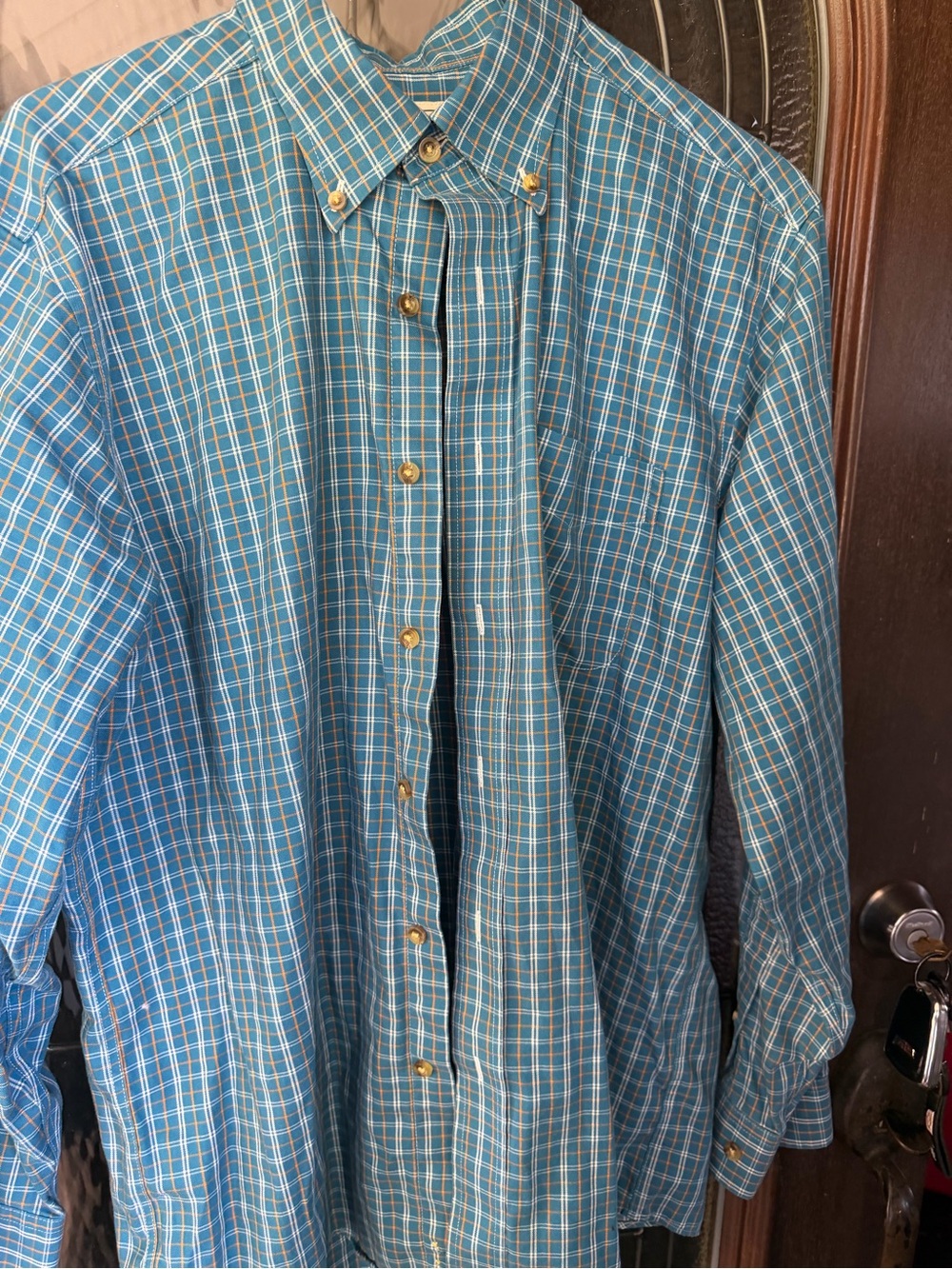 L.L. Bean Men's Teal Plaid Button-Down Shirt with Gold Buttons